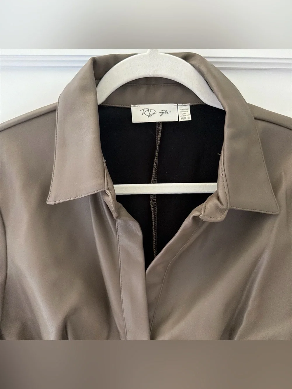 RD Style Taupe Ruched Button-Down leather like Shirt